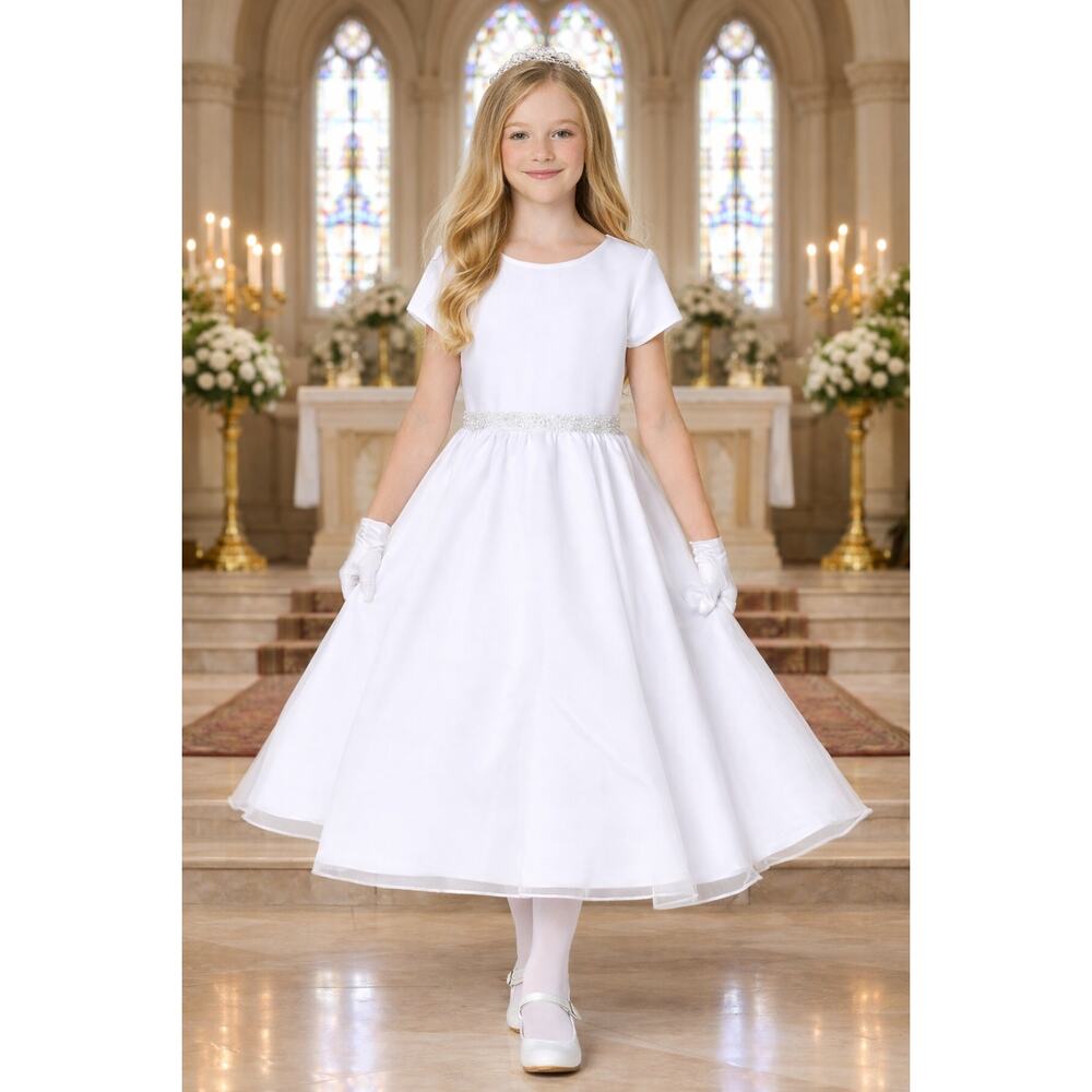 NEW Girls First Holy Communion Dress Size 10 -Satin & Crystal Organza Tea-Length